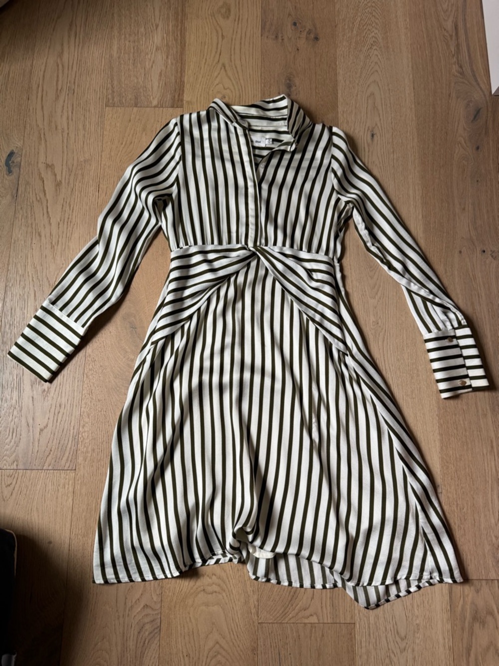 Line & Dot Olive and Cream Striped Twist-Waist Long-Sleeve Dress